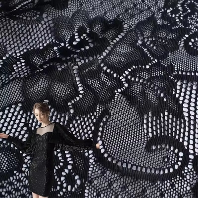 Lace Embroidery Fabric Black Polyester Waterproof Hollow Out Tricot for Ladies for Dresses and Girls